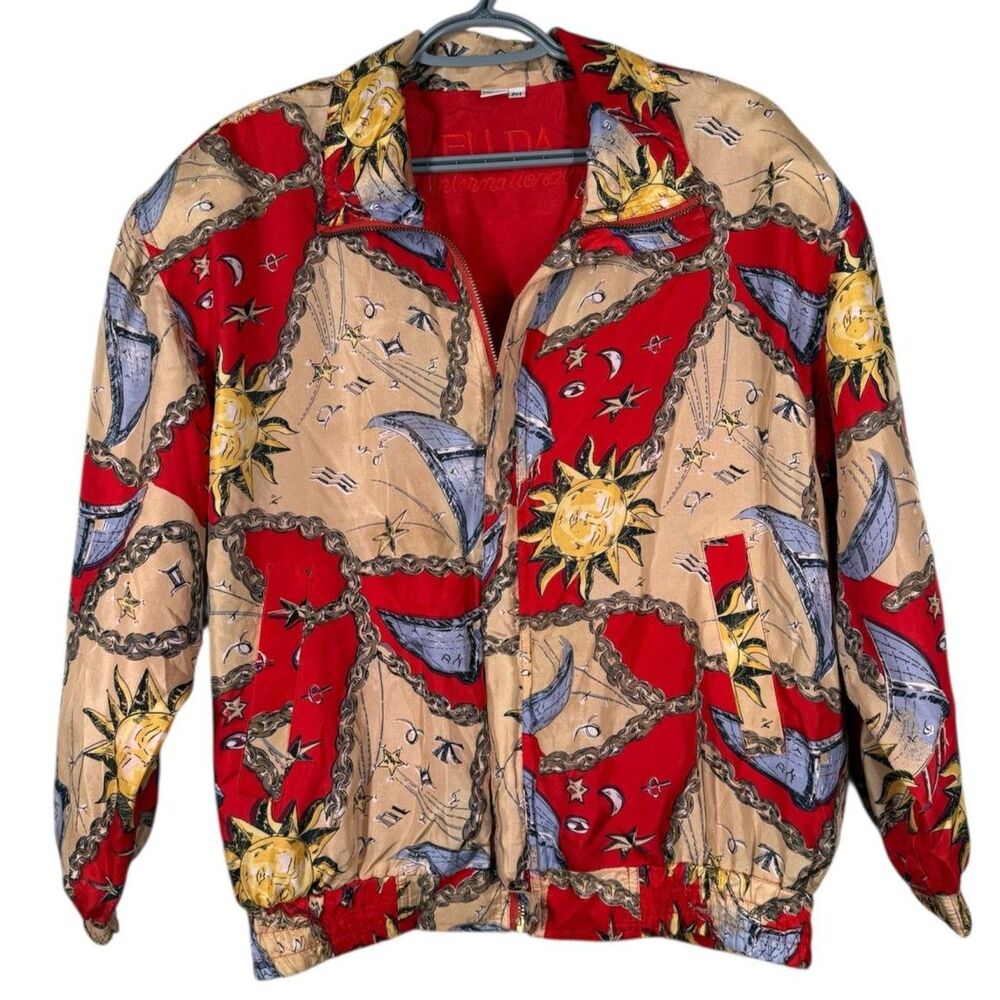 Vtg 90s Fuda International Silk Celestial Bomber Jacket Sz PM Sun Moon Chain